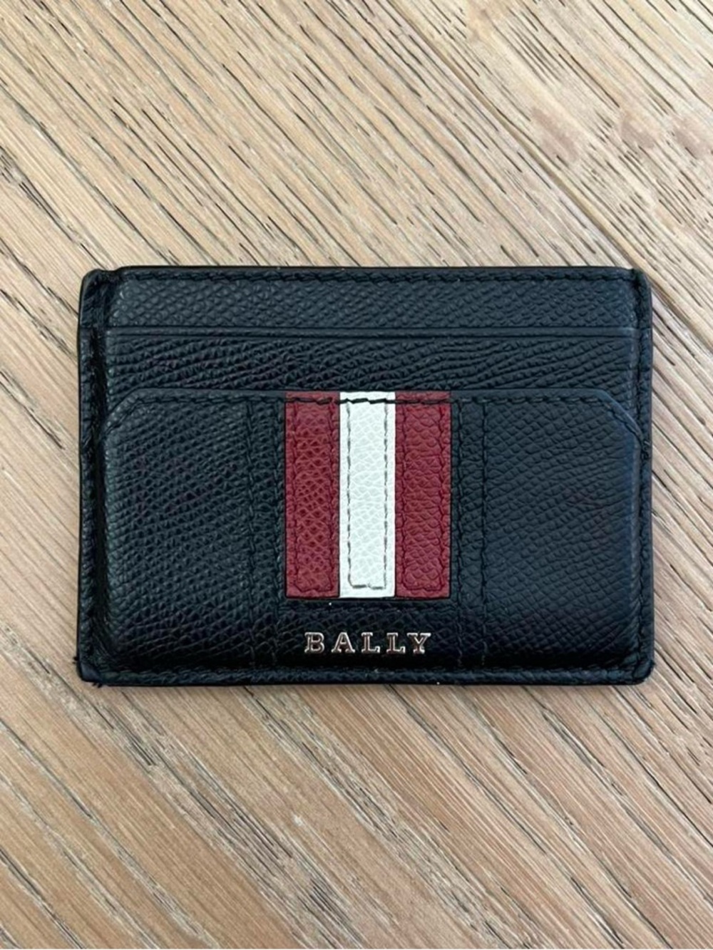 Bally Leather Card Holder | Black, Red, and White Center Stripe | 5 Pocket